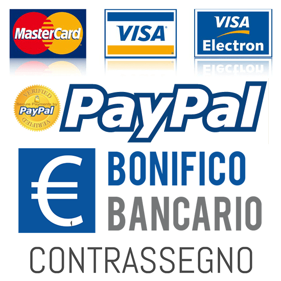 Accettiamo pagamenti con Carta di credito, 
PayPal,  Bonifico Bancario, Contrassegno (Solo ITALIA)